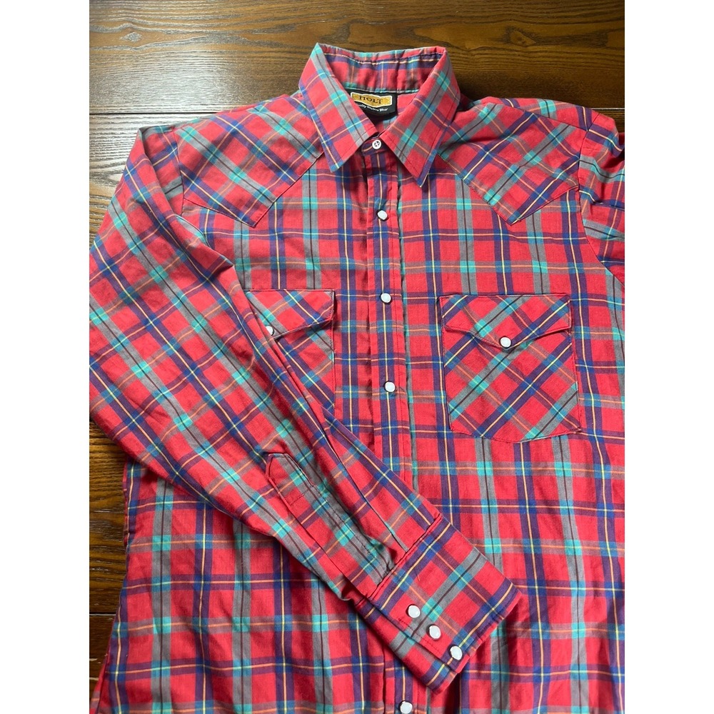 Vintage 90s Men's Red Plaid Western Pearl Snap Shirt By Holt Sz Medium Made USA